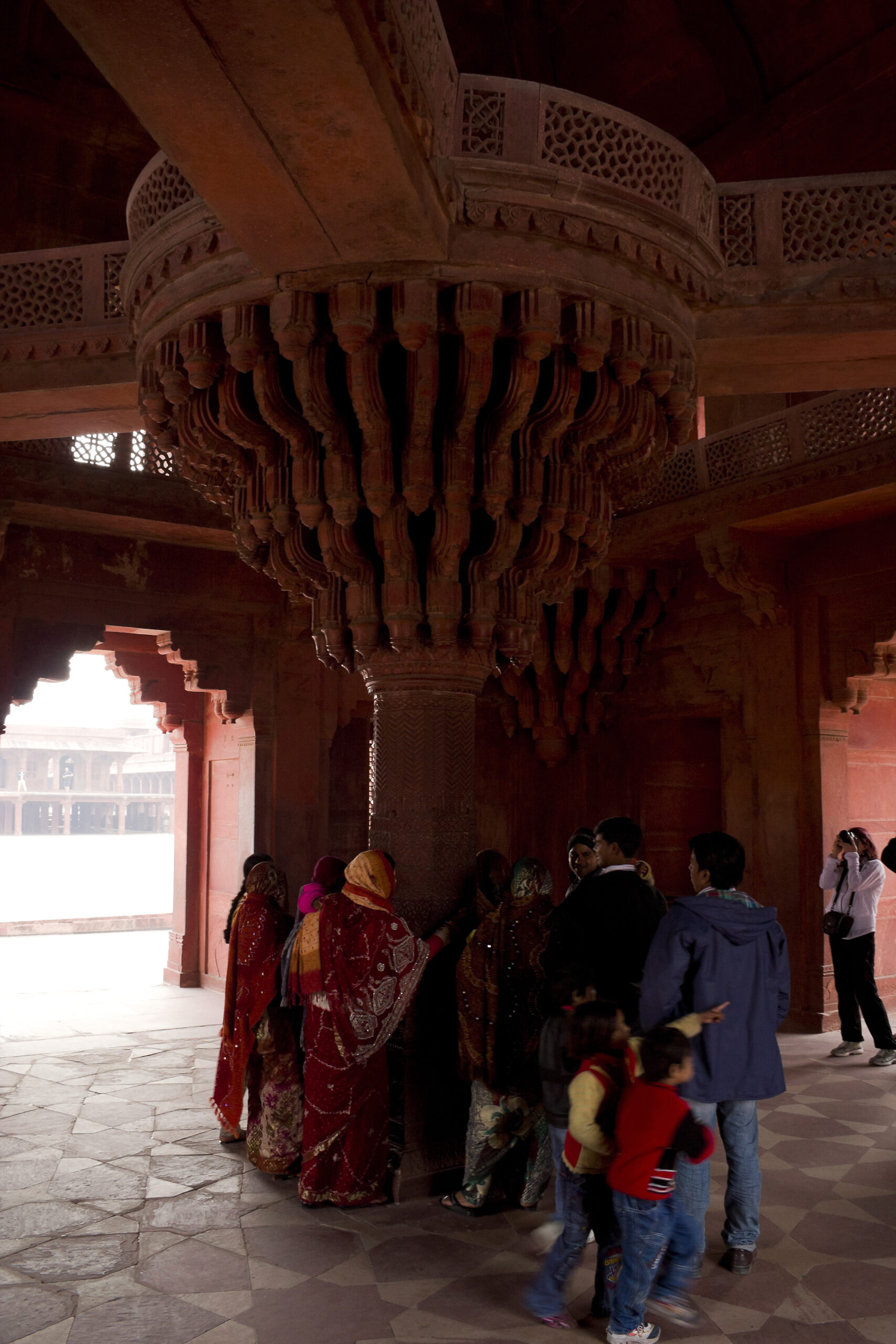 The Interior view of the central pillar of the Diwan-E-Khas or Hall of Private Audince in the courtyard of the Jodhabai's palace in Fatehpur Sikri.